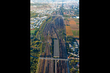 Aerial view of Freight station in the district Rheinau in Mannheim in the state Baden-Wuerttemberg, Germany