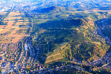 View from the Hambach Valley to the north over the edge of the Odenwald with the Geopark viewpoint Wine-Culture-Landscape (Steinkopf vineyard) in the district Unter-Hambach in Heppenheim in the state Hesse, Germany