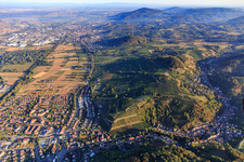 Aerial view of View from the Hambach Valley to the north over the edge of the Odenwald with the Geopark viewpoint Wine-Culture-Landscape (Steinkopf vineyard) in the district Unter-Hambach in Heppenheim in the state Hesse, Germany