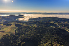 Aerial view of Breitenwiesen district in front of low clouds in the Odenwald in the district Gadernheim in Lautertal in the state Hesse, Germany
