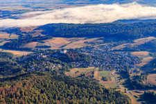 View of the town with Lichtenberg Castle from the south in the district Niedernhausen in Fischbachtal in the state Hesse, Germany