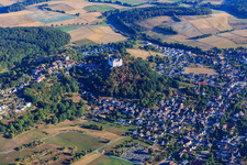 View of the town with Lichtenberg Castle from the south in the district Niedernhausen in Fischbachtal in the state Hesse, Germany from above
