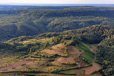 Former vineyards on the hillside with fields and hedges in the district Zell am Ebersberg in Knetzgau in the state Bavaria, Germany