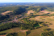 Village view from the north with sports field of SV Neuschleichach in the district Neuschleichach in Oberaurach in the state Bavaria, Germany