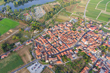 Aerial view of View of the town on the Main from the southeast in Sommerach in the state Bavaria, Germany