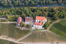 Aerial view of Open-air restaurant Gasthaus Mainaussicht "Gifthuette" in the district Escherndorf in Volkach in the state Bavaria, Germany