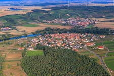 Village view on the Main from the east in the district Fahr in Volkach in the state Bavaria, Germany