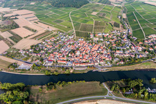 Aerial view of City view on the river bank of the Main river in Obereisenheim in the state Bavaria, Germany