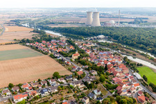 Village on the river bank areas of the Main opposite of Nucrlear power plant Schweinfurt in Garstadt in the state Bavaria, Germany