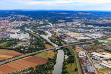 Aerial view of Motorway bridge of the A70 over the Main to the Maintal industrial estate in the district Oberndorf in Schweinfurt in the state Bavaria, Germany