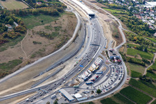 Aerial view of New construction of the route in the course of the motorway tunnel construction of the BAB A 3 in the district Heidingsfeld in Wuerzburg in the state Bavaria, Germany