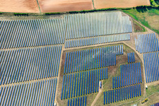 Aerial photograpy of Large open-space solar power systems in the district Moos in Geroldshausen in the state Bavaria, Germany
