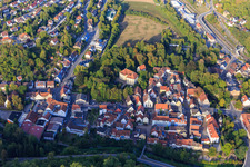 Aerial view of Castle Adelsheim Rentamt in the castle park and upper castle on Markstr in Adelsheim in the state Baden-Wuerttemberg, Germany