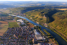 Aerial photograpy of Hornberg Castle with wedding chapel above the vineyards on the Neckar in Neckarzimmern in the state Baden-Wuerttemberg, Germany