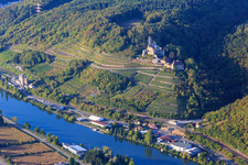 Hornberg Castle with wedding chapel above the vineyards on the Neckar in Neckarzimmern in the state Baden-Wuerttemberg, Germany from above