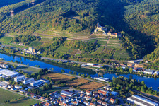 Hornberg Castle with wedding chapel above the vineyards on the Neckar in Neckarzimmern in the state Baden-Wuerttemberg, Germany out of the air