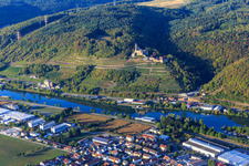 Hornberg Castle with wedding chapel above the vineyards on the Neckar in Neckarzimmern in the state Baden-Wuerttemberg, Germany seen from above