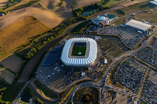Aerial photograpy of WIRSOL Rhein-Neckar-Arena before the sold-out friendly match Peru-Germany in the district Steinsfurt in Sinsheim in the state Baden-Wuerttemberg, Germany