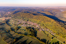 Aerial view of Village - view on the edge of agricultural fields and farmland in Ernolsheim-les-Saverne in Grand Est, France