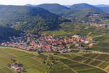 Aerial view of View of the winegrowing village between vineyards from the southeast in Eschbach in the state Rhineland-Palatinate, Germany