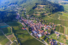 Wine village overview between vineyards from the southeast in Leinsweiler in the state Rhineland-Palatinate, Germany
