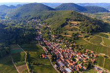 Wine village overview between vineyards from the east in Leinsweiler in the state Rhineland-Palatinate, Germany