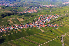 Aerial view of Wine village overview between vineyards from the south in Ranschbach in the state Rhineland-Palatinate, Germany