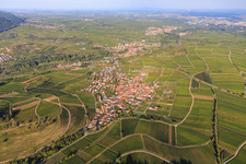 Wine village overview between vineyards from the southwest in Birkweiler in the state Rhineland-Palatinate, Germany