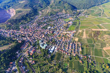 Overview of the wine-growing village in the Queichtal valley between vineyards from the south in Albersweiler in the state Rhineland-Palatinate, Germany