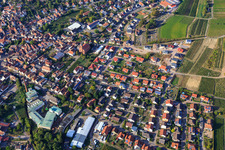 Aerial view of Overview of the wine-growing village in the Queichtal valley between vineyards from the south in Albersweiler in the state Rhineland-Palatinate, Germany