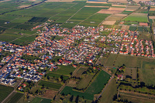 View of the winegrowing village between vineyards from the west in Niederkirchen bei Deidesheim in the state Rhineland-Palatinate, Germany