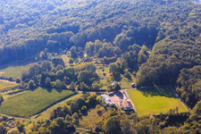 Oblique view of SV 1946 Dörrenbach football club sports field and mobile home parking space Dörrenbach in Dörrenbach in the state Rhineland-Palatinate, Germany