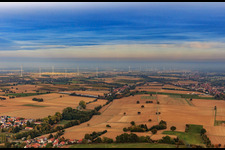 Aerial view of EnBW wind farm - wind turbine with 6 wind turbines from the west in Freckenfeld in the state Rhineland-Palatinate, Germany
