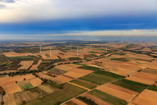 Aerial photograpy of EnBW wind farm - wind turbine with 6 wind turbines in Freckenfeld in the state Rhineland-Palatinate, Germany