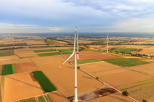 EnBW wind farm - wind turbine with 6 wind turbines in Freckenfeld in the state Rhineland-Palatinate, Germany from the plane