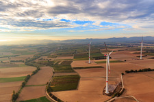 EnBW wind farm - wind turbine with 6 wind turbines in Freckenfeld in the state Rhineland-Palatinate, Germany viewn from the air