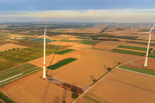 Drone image of EnBW wind farm - wind turbine with 6 wind turbines in Freckenfeld in the state Rhineland-Palatinate, Germany
