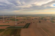 EnBW wind farm - wind turbine with 6 wind turbines in Freckenfeld in the state Rhineland-Palatinate, Germany from the drone perspective