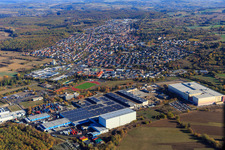 Industrial area Industriestraße with Bader Shipping Center Östringen, Rothermel warehousing services GmbH Logistics Center Östringen and Interbran Advanced Materials GmbH in Östringen in the state Baden-Wuerttemberg, Germany