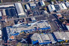 Aerial view of Technology Museum with Tupolev and Concorde in the district Steinsfurt in Sinsheim in the state Baden-Wuerttemberg, Germany