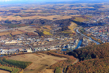 Northern Hafenstraße with coal storage facility Hafen Würzburg and silos of BayWa AG Agrar Würzburg on the Main in the district Dürrbachtal in Würzburg in the state Bavaria, Germany