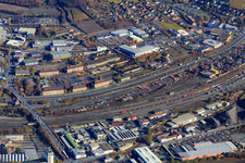 Commercial area on Veitshöchheimer Straße with branch office of the Immigration Office (asylum, humanitarian stays) in former barracks. Preuer GmbH and ARC Auto-Recycling-Center GmbH in the district Dürrbachtal in Würzburg in the state Bavaria, Germany