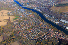 View of the town on the banks of the Main from the southwest in Zell am Main in the state Bavaria, Germany