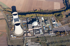 Aerial photograpy of Building remains of the reactor units and facilities of the NPP nuclear power plant Grafenrheinfeld KKG in Grafenrheinfeld in the state Bavaria, Germany