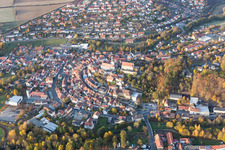 Aerial view of Town View of the streets and houses of the residential areas in Arnstein in the state Bavaria, Germany