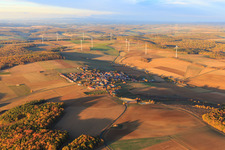Village view from the south with wind farm Heßlar in the district Heßlar in Karlstadt am Main in the state Bavaria, Germany