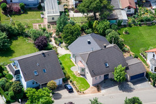 Aerial view of Klingbachstraße from the east in Steinweiler in the state Rhineland-Palatinate, Germany