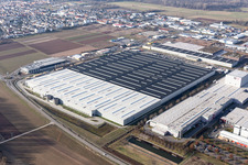 Aerial view of High-bay warehouse building complex and logistics center on the premises of Merceof Benz Spare Part storage in Offenbach an der Queich in the state Rhineland-Palatinate, Germany