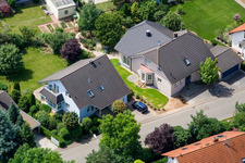 Bird's eye view of Klingbachstraße from the east in Steinweiler in the state Rhineland-Palatinate, Germany