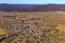 Village view in winter from the west in Göcklingen in the state Rhineland-Palatinate, Germany